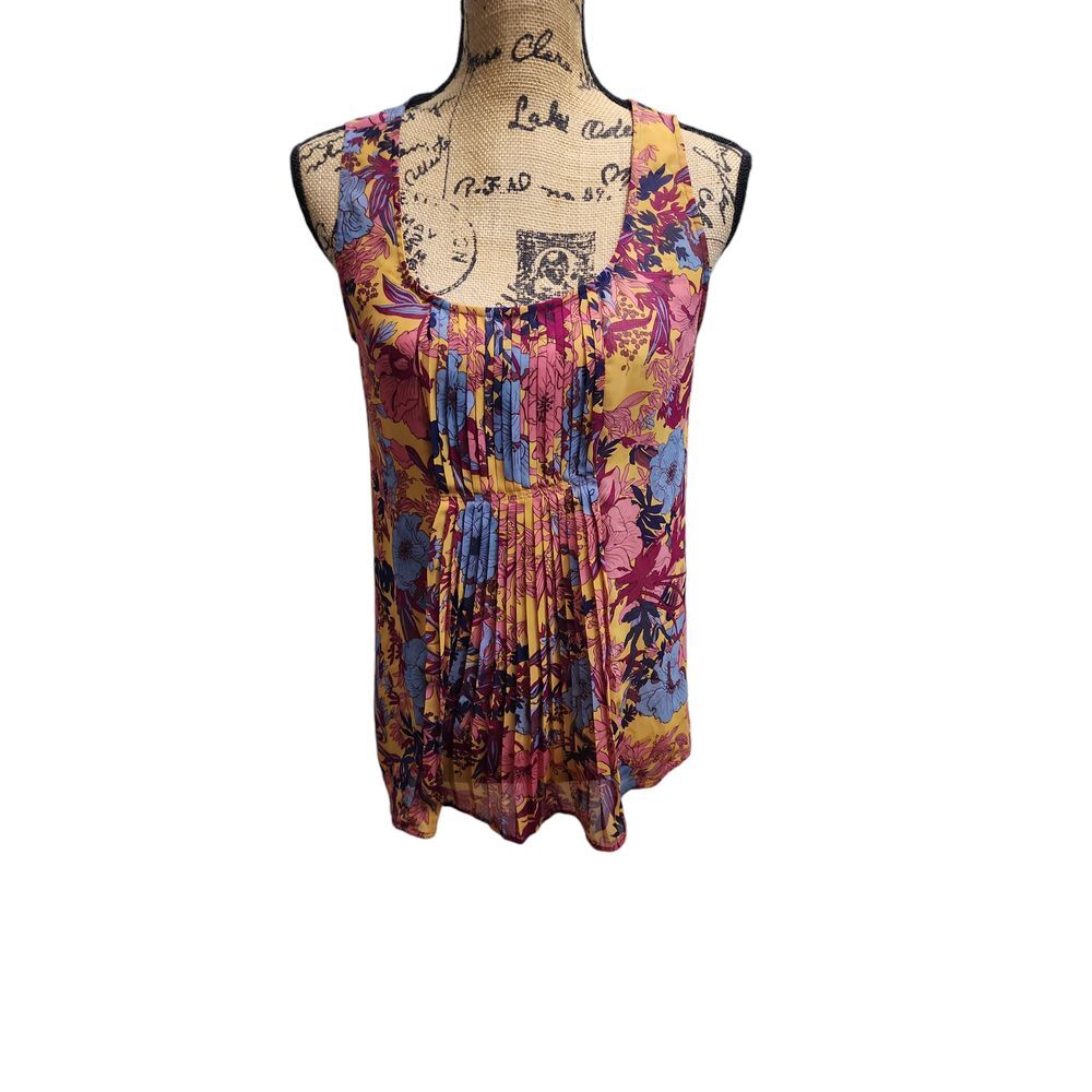 LOFT Vibrant Floral Pleated Tank Top Sleeveless Blouse Summer Boho Chic